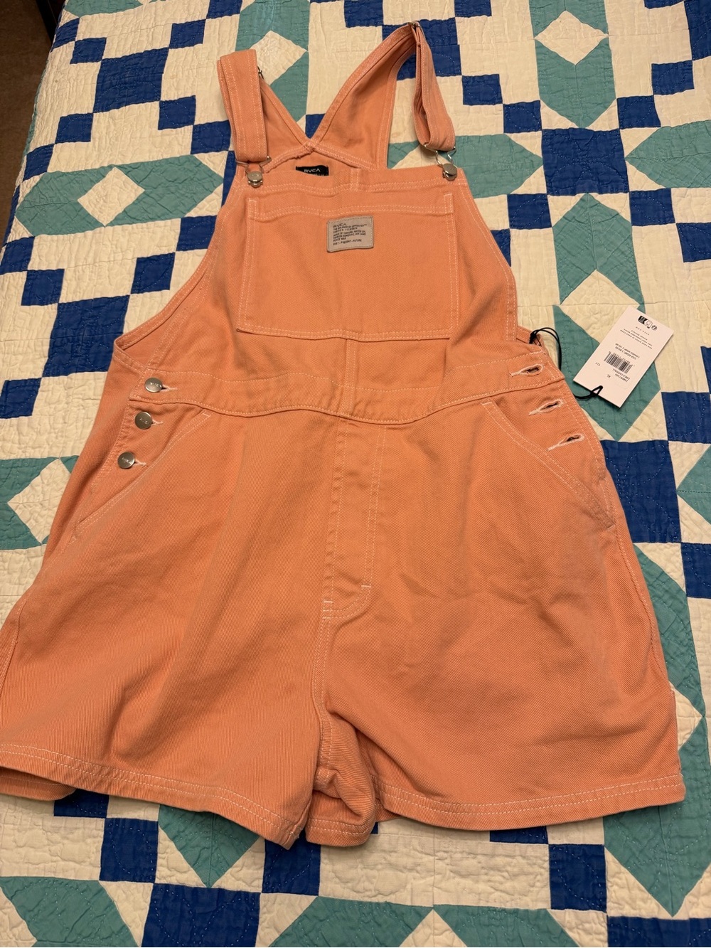 RVCA Peach-Orange Short Denim Overalls